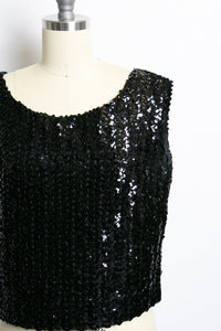 1960s Sequin Top Black Fitted Sleeveless Blouse Large