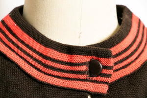 Vintage 1960s Sweater Brown Wool Knit Neon Stripe Cardigan 60s Medium