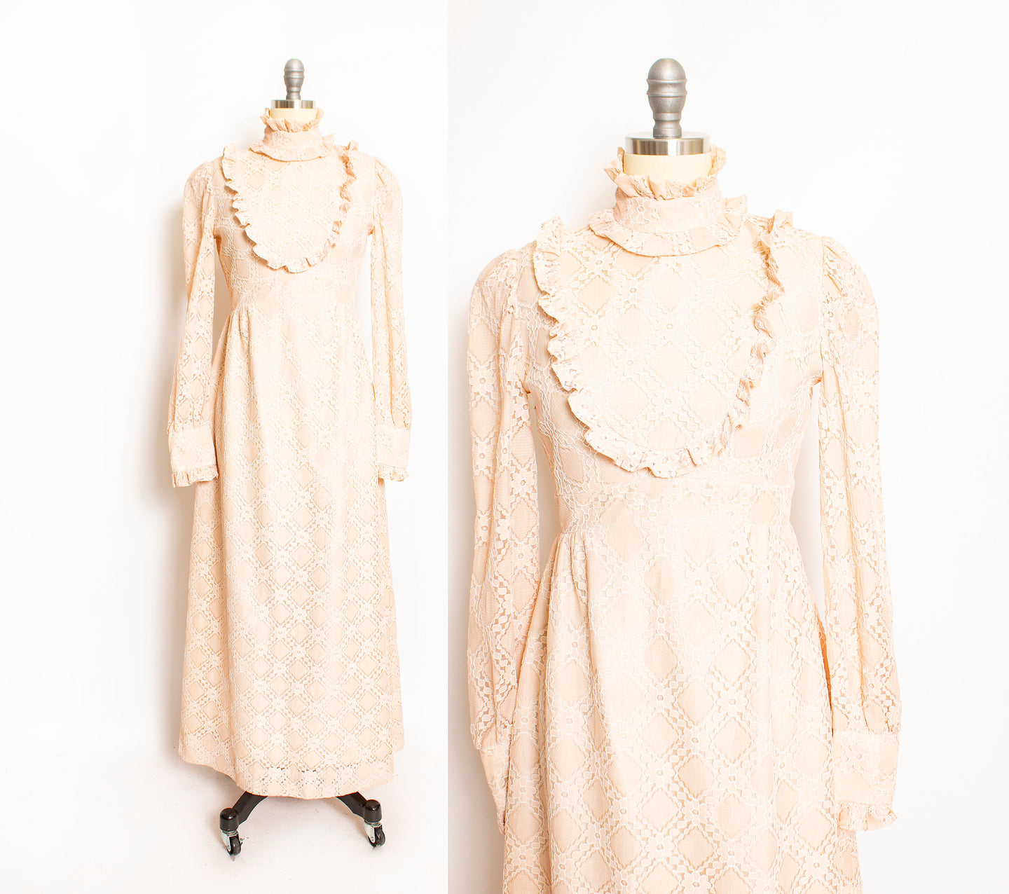 Vintage 1970s Maxi Dress Beige Nude Lace Peasant Prairie 70s Small S