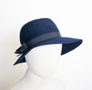 Vintage 1970s Hat Blue Wool Felted Wide Brim 1960s