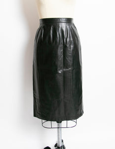 Vintage 1980s Skirt Black Leather High Waist 90s Medium
