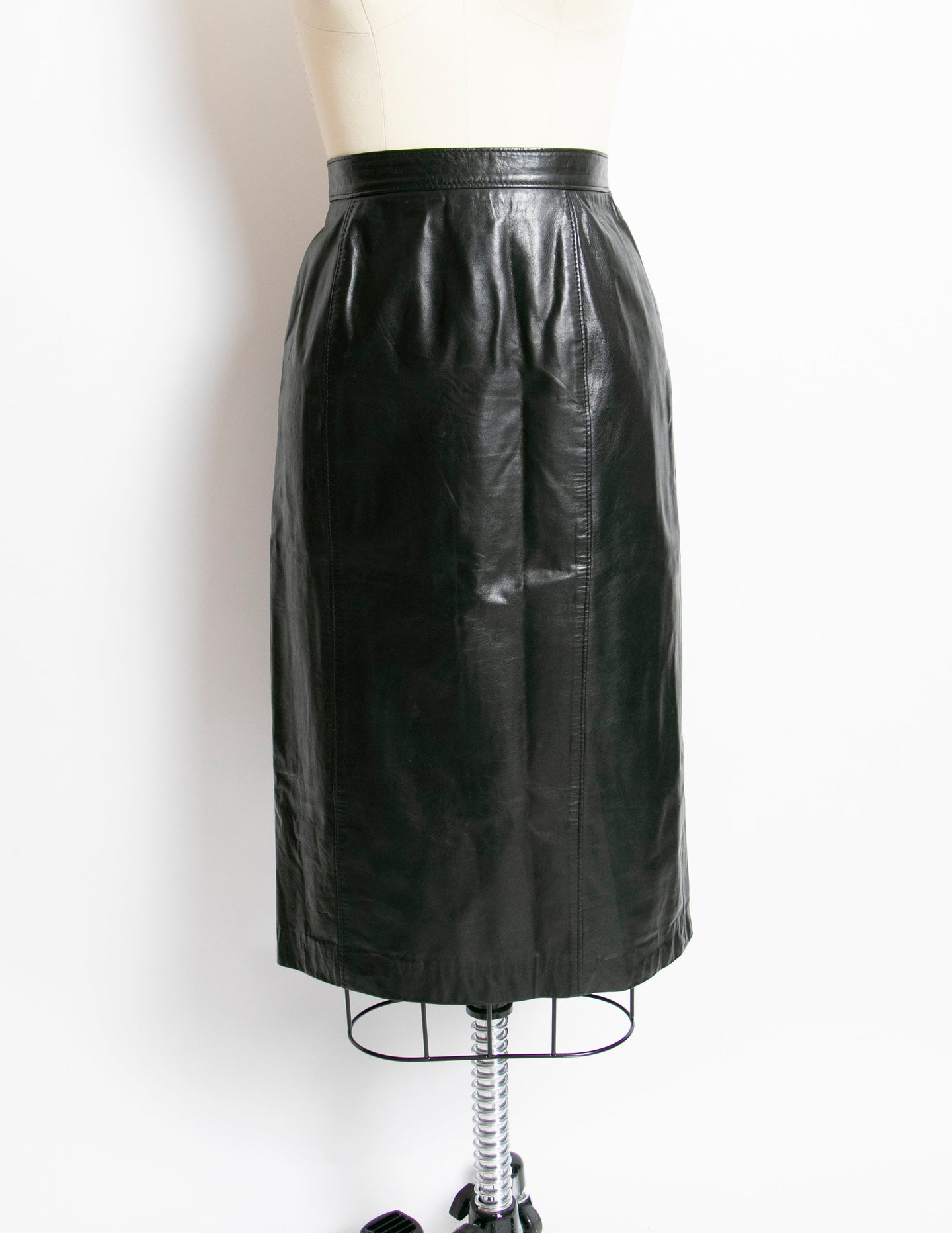 Vintage 1980s Skirt Black Leather High Waist 90s Medium