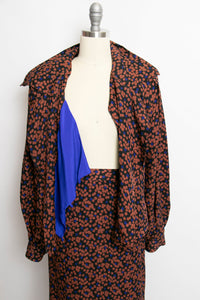 1990s Silk Ensemble Floral Blouse Skirt Set S