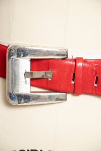 1980s Belt Thick Red Leather Silver Buckle Waist Cinch