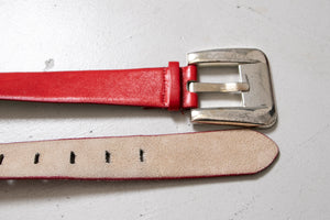 1980s Belt Thick Red Leather Silver Buckle Waist Cinch