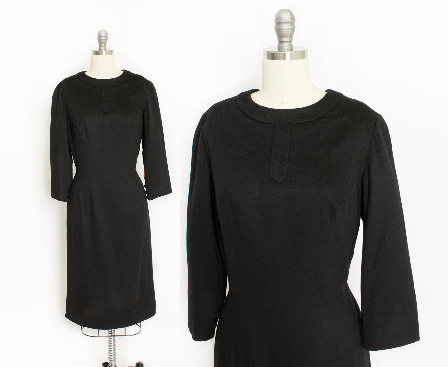 1950s Dress Black Wool Silk Fitted Wiggle Day M