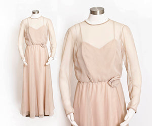 Vintage 1960s Dress MISS ELLIETTE Beige Coffee Chiffon Illusion Gown Medium M