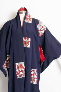 1970s Kimono Japanese Robe Embroidered Blue Rayon 60s