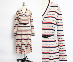 1970s Dress Knit Striped Long Sleeved Designer Belted 70s Large