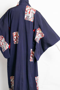 1970s Kimono Japanese Robe Embroidered Blue Rayon 60s