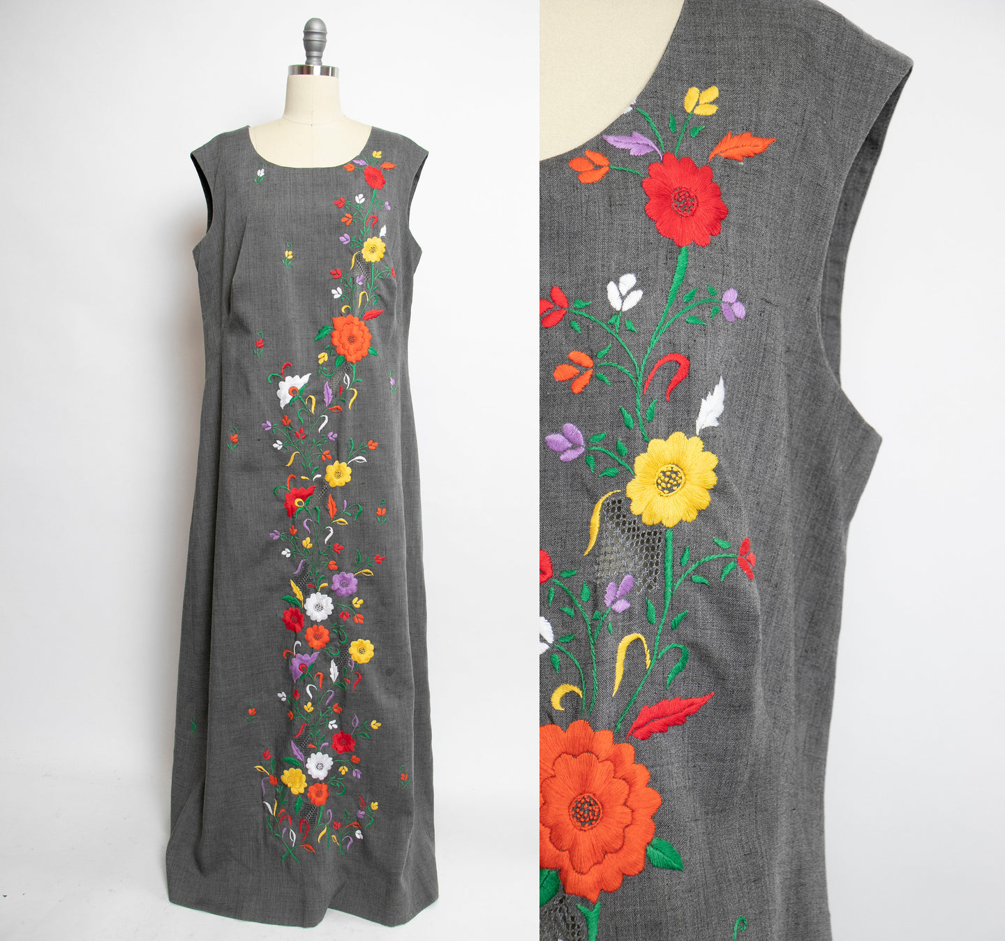 1960s Maxi Dress Embroidered Floral Mexican Cotton Large