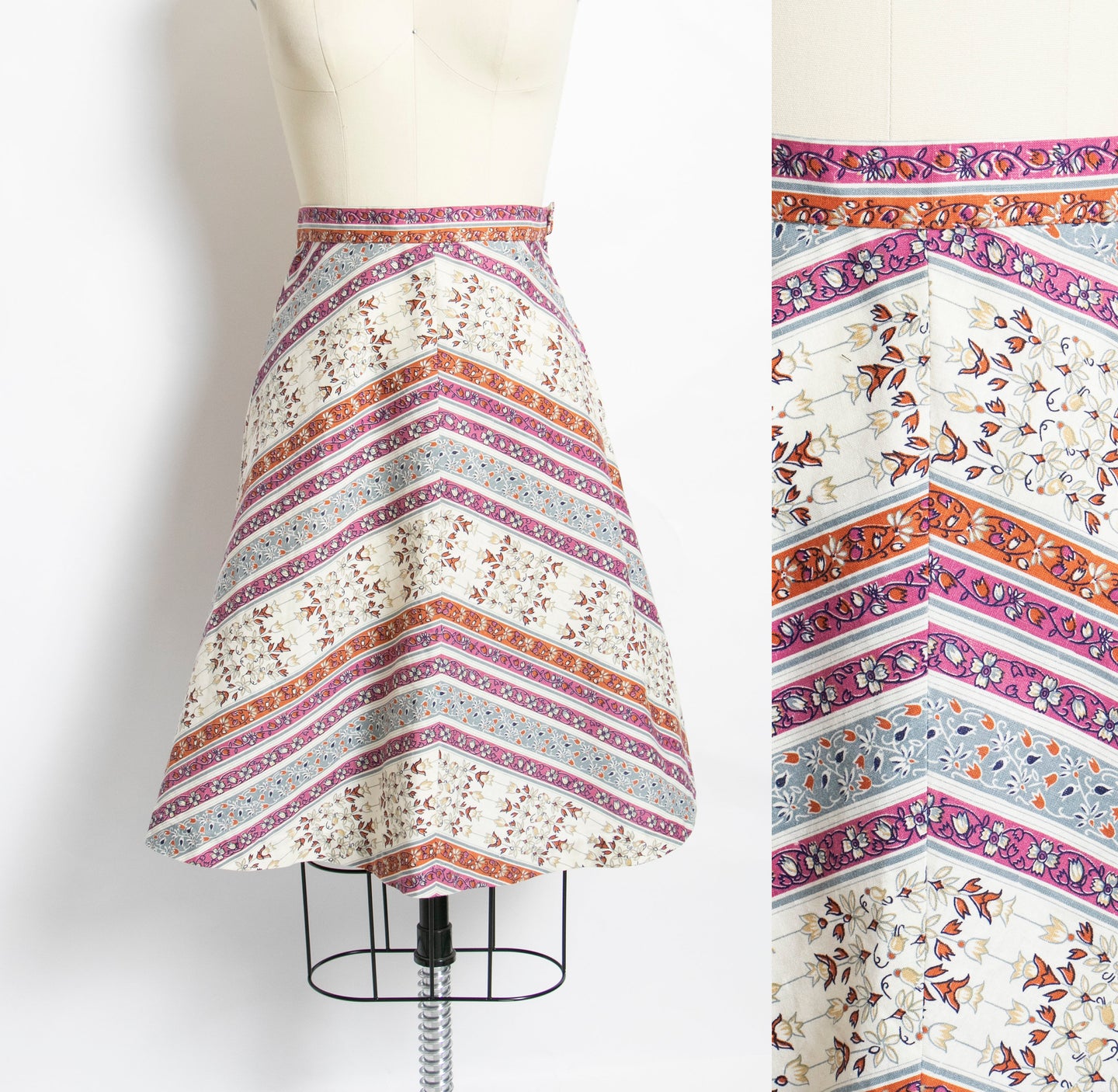 1970s Skirt Printed Cotton A-Line XS