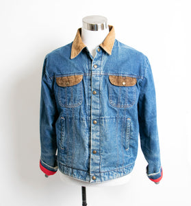 1980s Denim Jacket Quilted Red Jean Coat Corduroy Large