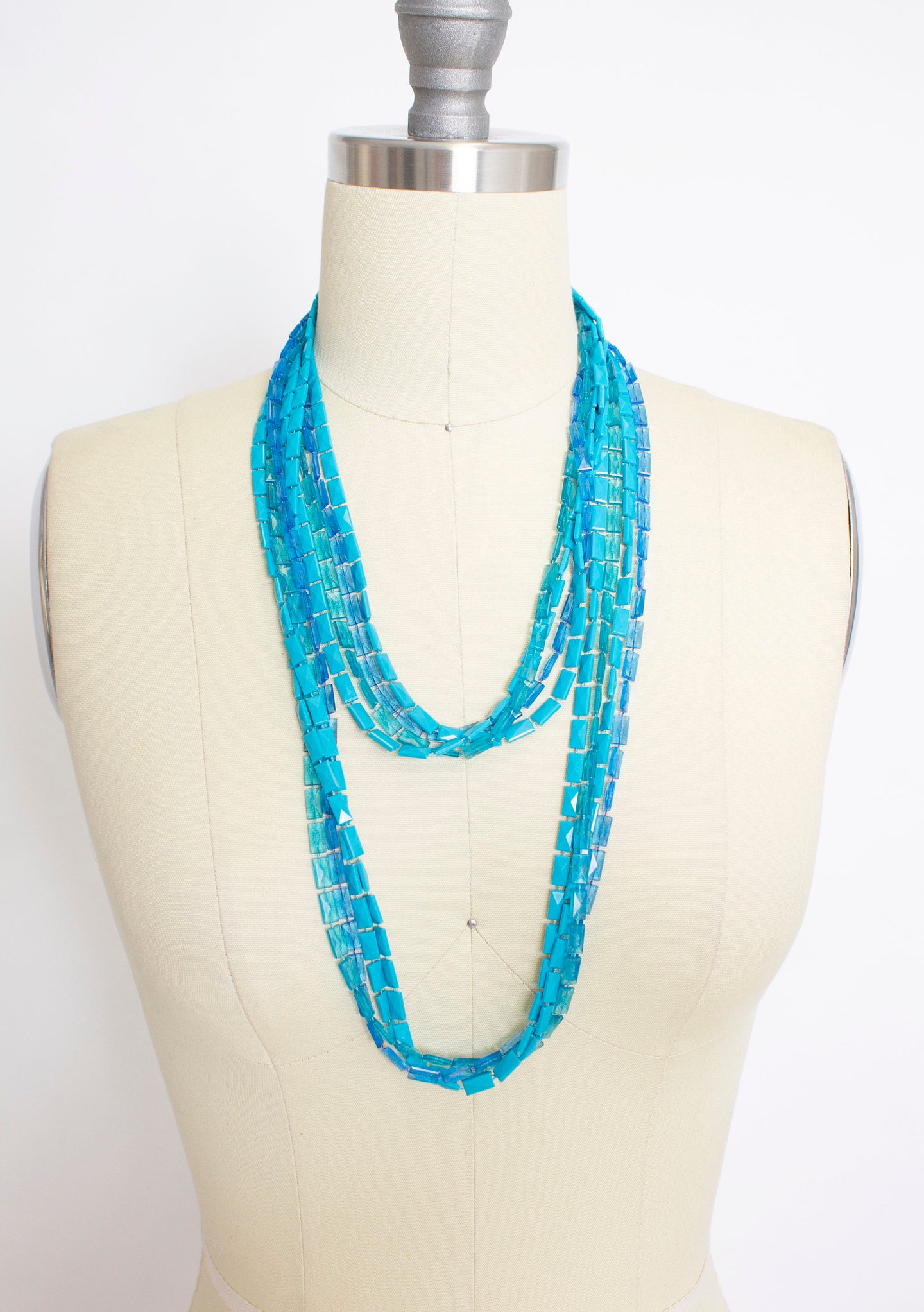 1960s Necklace Blue Beaded Long Multi Strand
