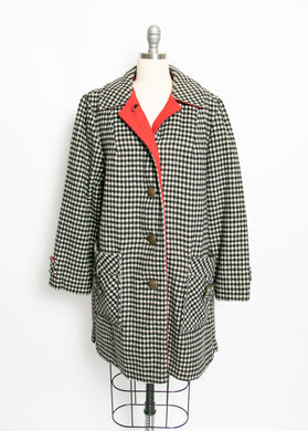 1960s Coat Black White Houndstooth Plaid Wool Large