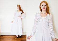Load image into Gallery viewer, 1960s Dress White Chiffon Rhinestone Wedding Maxi Gown XS