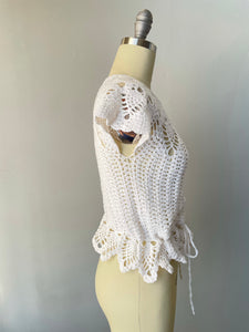 1970s Crochet Blouse Semi Sheer Cotton Top