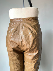 1980s Leather Pants Taupe High Waist S