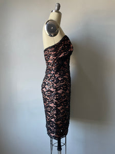 1980s Dress Tadashi Strapless Sweetheart Sequin Lace M